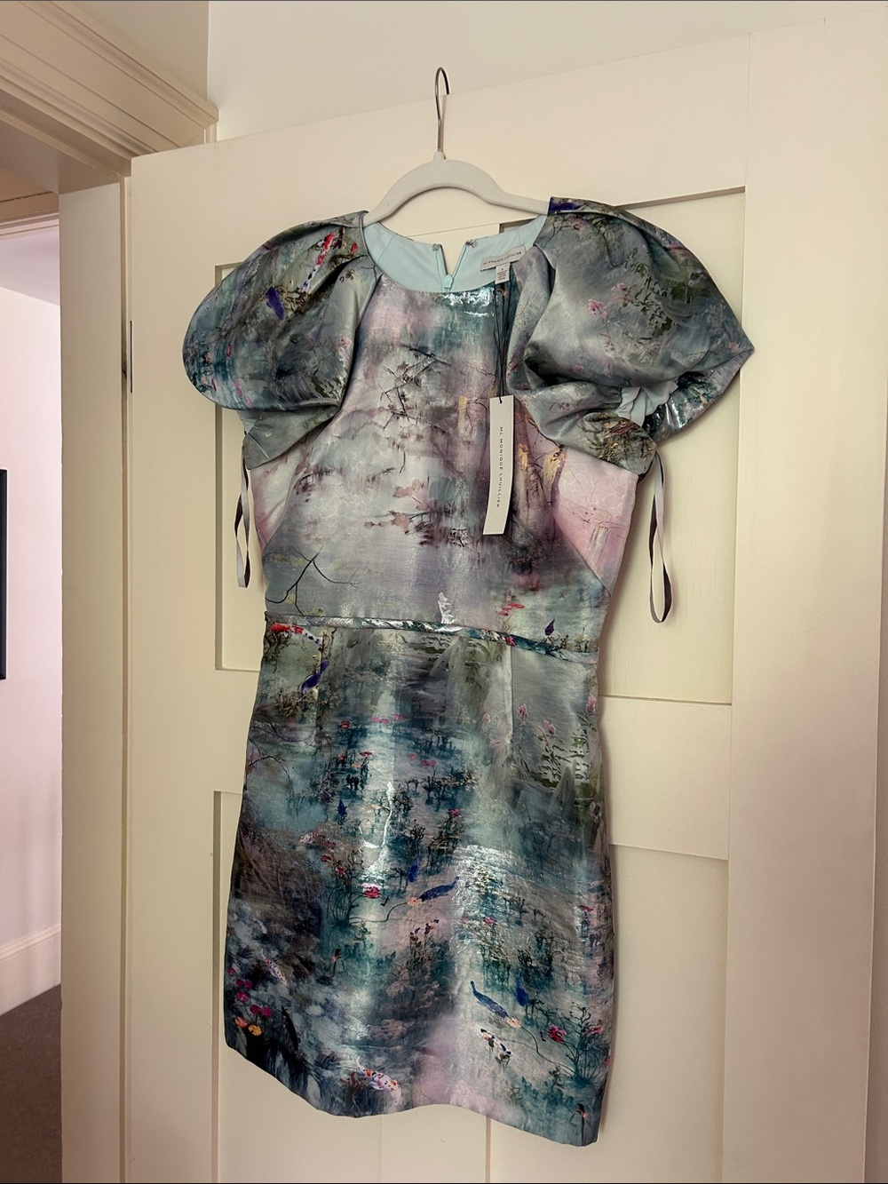 Monique Lhuillier Pastel Watercolor Puff-Sleeve Mini Dress